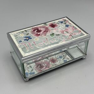 Joan Baker Designs Handpainted Mother Beveled Glass Trinket Jewelry Box Floral